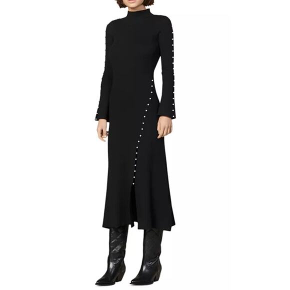 Sandro Lizza Black Ribbed Sweater Knit Pearl Trim Monk Neck Midi Dress 1 S - Picture 1 of 12